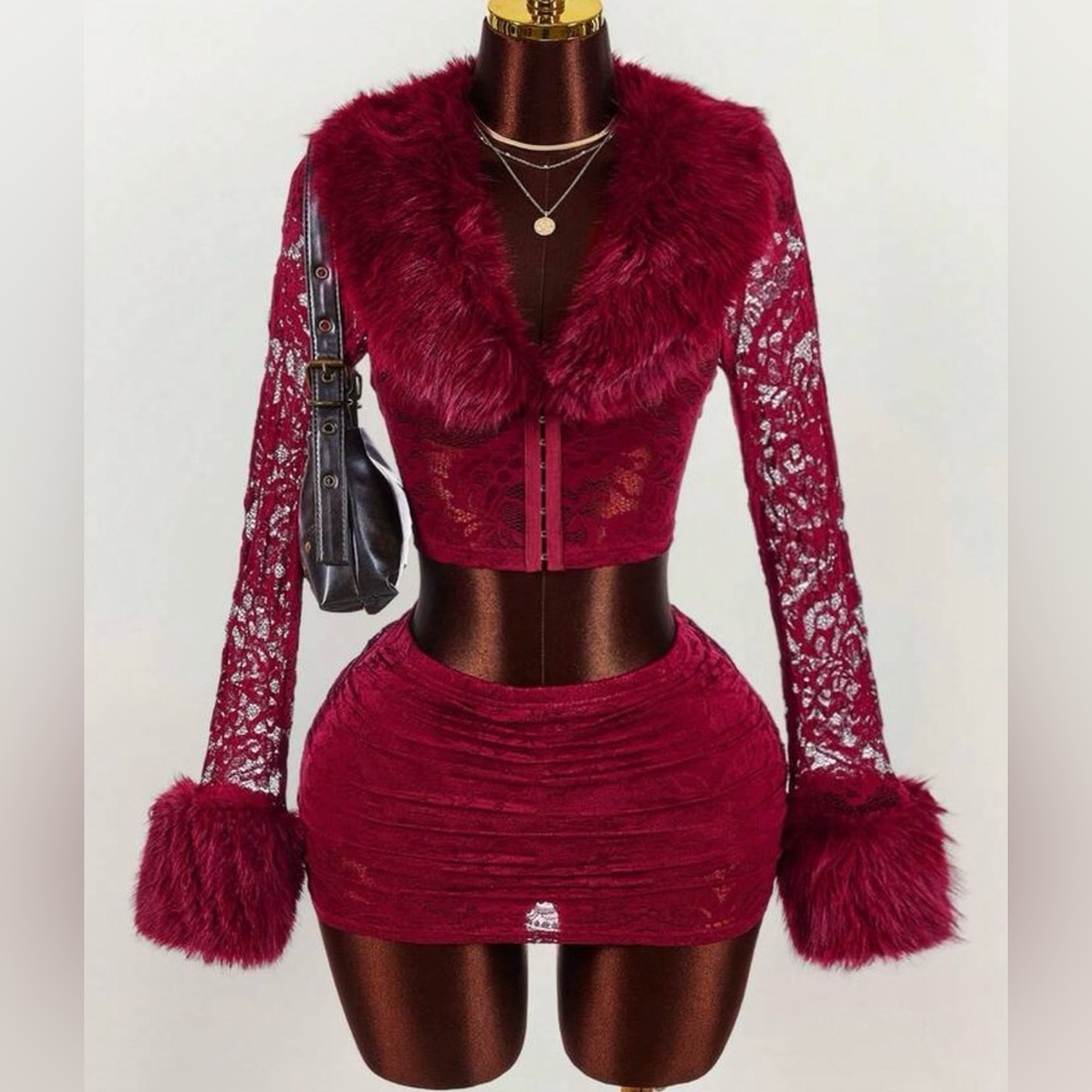 Burgundy Faux Fur and Lace Two-Piece Skirt Set